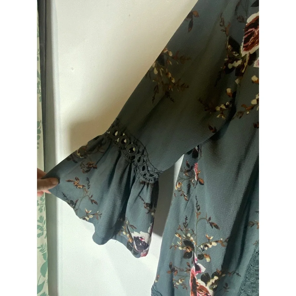 Dusty Blue‎ Floral Lace Trim Kimono Cardigan Bell Sleeve Boho Cottagecore L